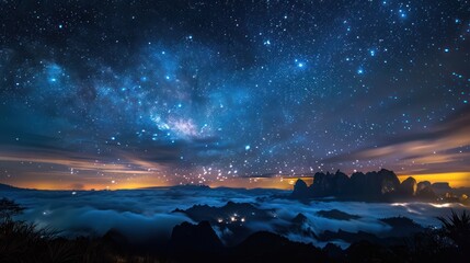 Night view of Phu Langka, Thailand, backdrop of the star tails. Naga shaped clouds - obrazy, fototapety, plakaty