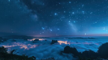 Night view of Phu Langka, Thailand, backdrop of the star tails. Naga shaped clouds