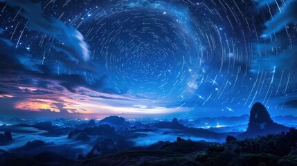 Night view of Phu Langka, Thailand, backdrop of the star tails. Naga shaped clouds - obrazy, fototapety, plakaty