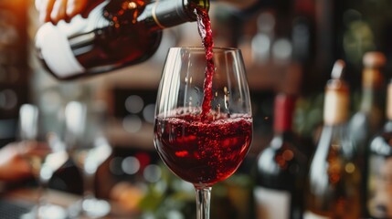 Barman pouring red wine into a glass. Hospitality, beverage and wine concept