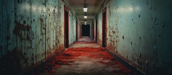A long corridor inside an old abandoned asylum hospital building is captured, showcasing the walls painted in a striking shade of red with peeling paint.
