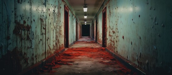 A long corridor inside an old abandoned asylum hospital building is captured, showcasing the walls painted in a striking shade of red with peeling paint. - Powered by Adobe