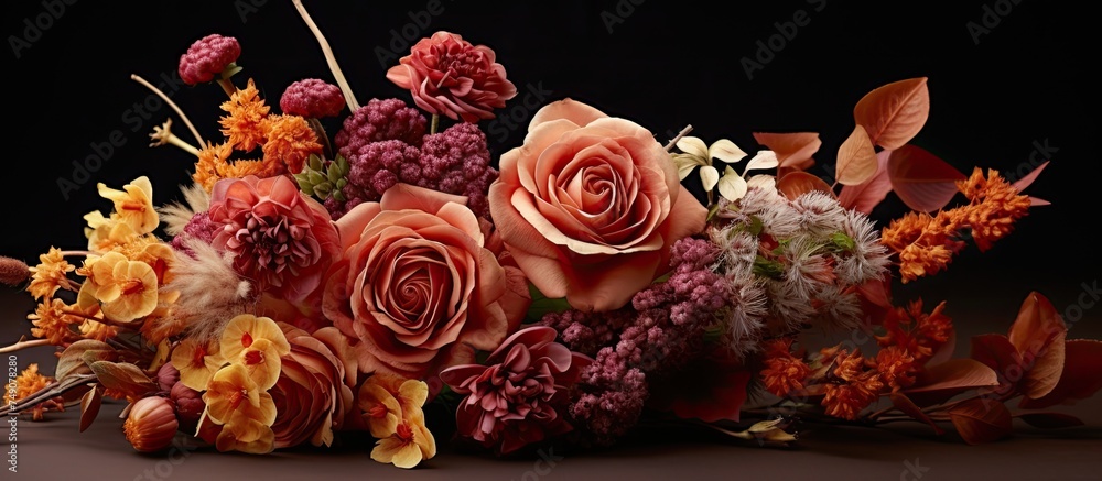 Wall mural A variety of fall flowers including roses, statice, and astrantia arranged in a beautiful composition on a table.