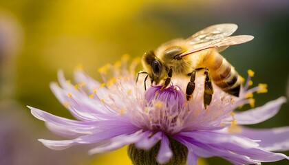 Golden Moments: Honey Bee Savoring a Purple Blossom Amidst a Lush Yellow Backdrop"
