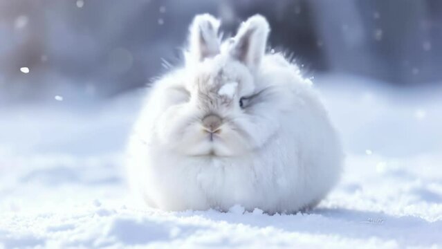 Closeup of a chubby bunny its fluffy coat resembling freshly fallen snow as it hops through the winter landscape.