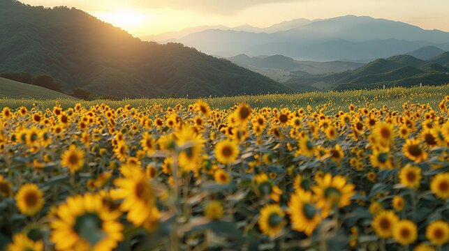 Beautiful field of blooming sunflowers against sunset golden light and blurry mountains landscape background