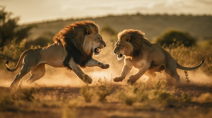 戦う2匹のライオン　縄張り争いに闘争心むき出し　場所はサバンナ - obrazy, fototapety, plakaty