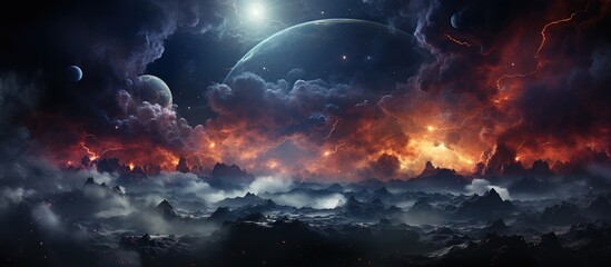 Fantasy alien planet. Mountain and sky with clouds. - obrazy, fototapety, plakaty