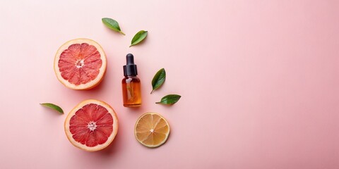 A flat lay composition featuring grapefruit essential oil and related items, such as a dropper bottle, citrus fruits, and green leaves, arranged elegantly on a white background. 