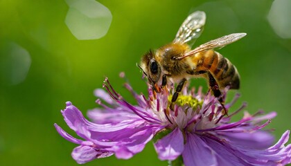 Nature's Jewels: Macro Shot of a Honey Bee Feasting on a Purple Blossom with Lush Green Bokeh Background"