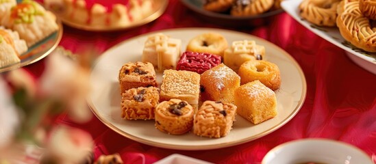 Obraz na płótnie Canvas A variety of traditional pastries, including croissants, danishes, muffins, and turnovers, are neatly arranged on a white plate placed on a table with a red backdrop. The pastries showcase different
