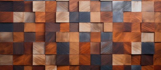 A handmade wooden wall featuring a repetitive pattern of square shapes, creating a visually striking geometric background. The squares are neatly arranged in rows and columns, adding depth and texture