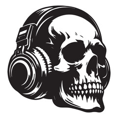 Skull in headphones, black silhouette of a skull skeleton in profile, vector drawing on a transparent background for stencil, print, sticker..