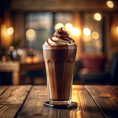 A close-up shot of a chocolate cold coffee placed elegantly on a rustic wooden table in a cozy coffee shop. 