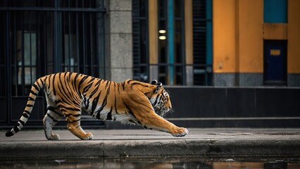 A majestic Bengal tiger gracefully strides beside an urban waterway, contrasted against the city environment