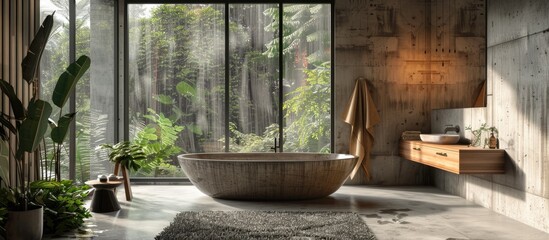 A contemporary bathroom with concrete walls, a spacious bathtub, and lush green plants adding a touch of nature. The panoramic windows flood the room with natural light, creating a bright and inviting