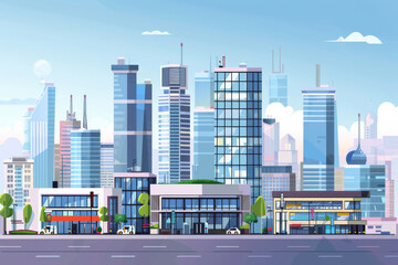 Cityscape panorama with different buildings Office center Stores and Headquarters. 
