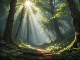 This image captures the majestic beauty of a forest bathed in natural sunlight, highlighting the joy of nature walks