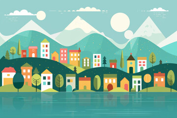 Fototapeta premium Vector illustration in simple minimal geometric flat style - cityscape with buildings hills sea and trees.