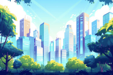 City buildings vector illustration. Small building big skyscrapers and large city tall skyscrapers on background. 