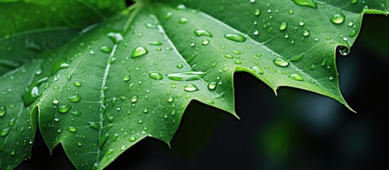Fototapeta premium A green leaf glistening with raindrops, showcasing the intricate patterns created by each droplet. The leaf is vibrant and fresh, reflecting the essence of a rainy day in a garden.