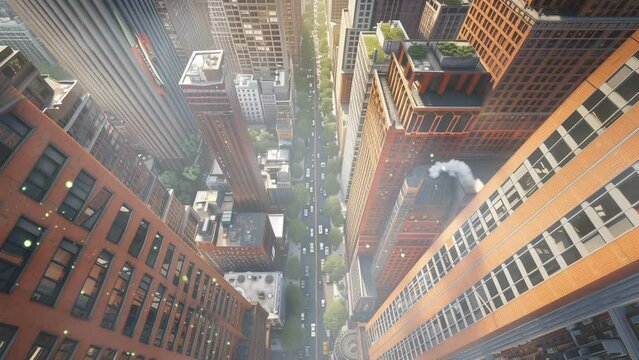 Eagle eye view video of an urban city landscape with modern buildings and architecture. The video has a smooth and realistic animation style