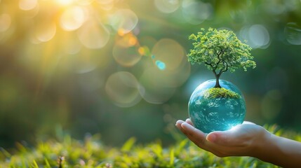 Blue glass globe ball and tree in human hand on blurred green background