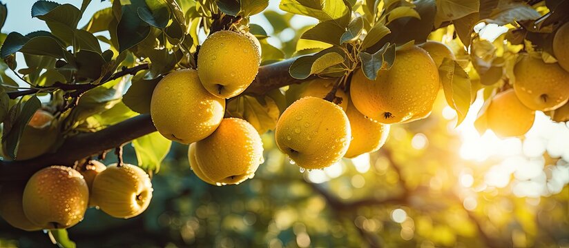 A tree in an orchard with branches filled with ripe lemons glistening in the sun. The vibrant yellow fruits are ready for harvesting, promising a bountiful yield.