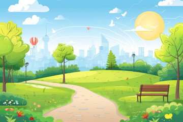 Public park with sky and city background.Beautiful nature scene with town and hill. 
