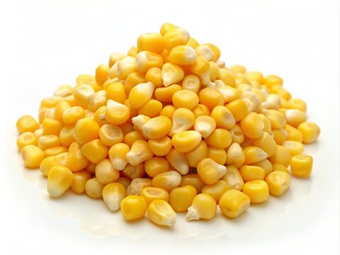 Fresh corn kernels scattered on a clean white background, creating a simple yet visually appealing image.
