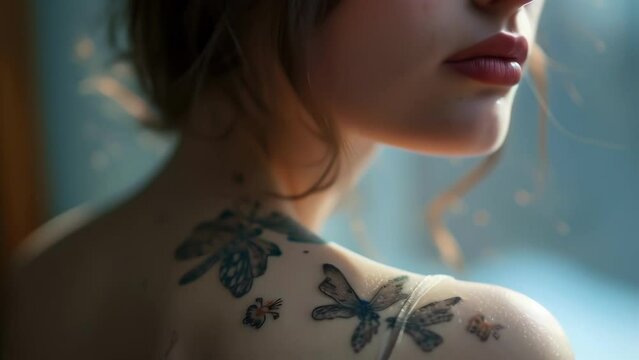 A closeup of a womans shoulder, with a delicate tattoo of fireflies in flight.