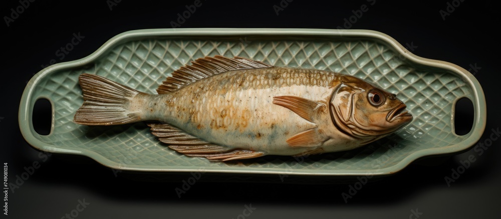 Poster a flat fish, specifically a small sole, is seen placed on a tray which is resting on a table. the im