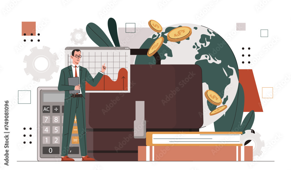 Poster briefcase financial analysis concept. man with graphs and diagrams. statistics and infographics. bus