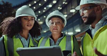 Construction, team and communication by tablet for planning, night and civil engineering or online research in city. Man, women and building app for collaboration and technology for quality assurance