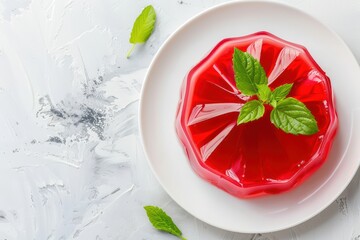 Homemade red jelly with mint on a white plate, top view