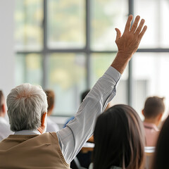 Back view of older student, Back view of older student raising his hand to answer teacher's question during education training class