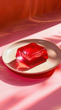 Red jelly in a plate on a background of pink fabric and sunlight