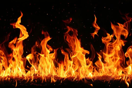 Close-up, Burning fire isolated on dark backdrop, seamless background