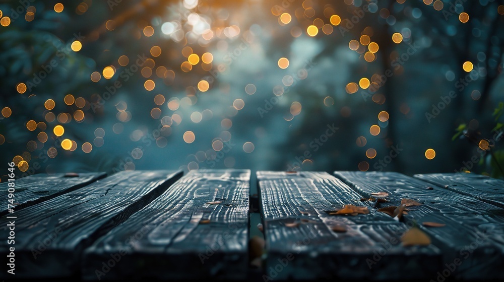 Poster bokeh background with empty wooden deck table for product montage display.