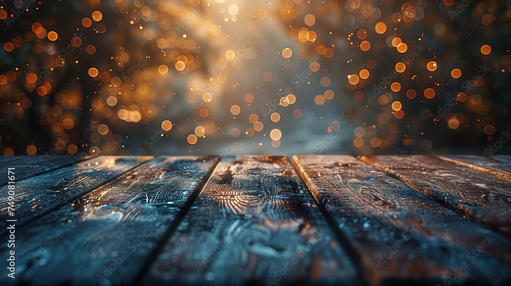 Poster bokeh background with empty wooden deck table for product montage display
