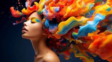 Woman face adorned with flowing paint art, multicolor explosion,Depicts abstract creative mind with psychic waves - obrazy, fototapety, plakaty