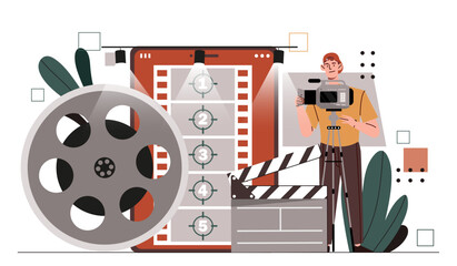 Cameraman with equipment. Man with camera and tape reel. Film industry, movie and series production. Guy shoot interesting content. Cartoon flat vector illustration isolated on white background