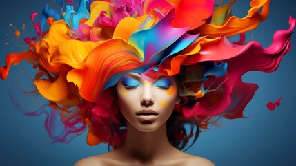 Woman face adorned with flowing paint art, multicolor explosion,Depicts abstract creative mind with psychic waves