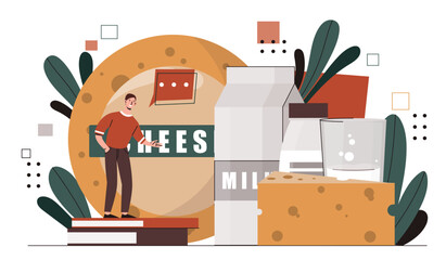 Cheese maker concept. Man with dairy products. Young guy with milk. Natural and organic products. Healthy eating with vitamins. Cartoon flat vector illustration isolated on white background