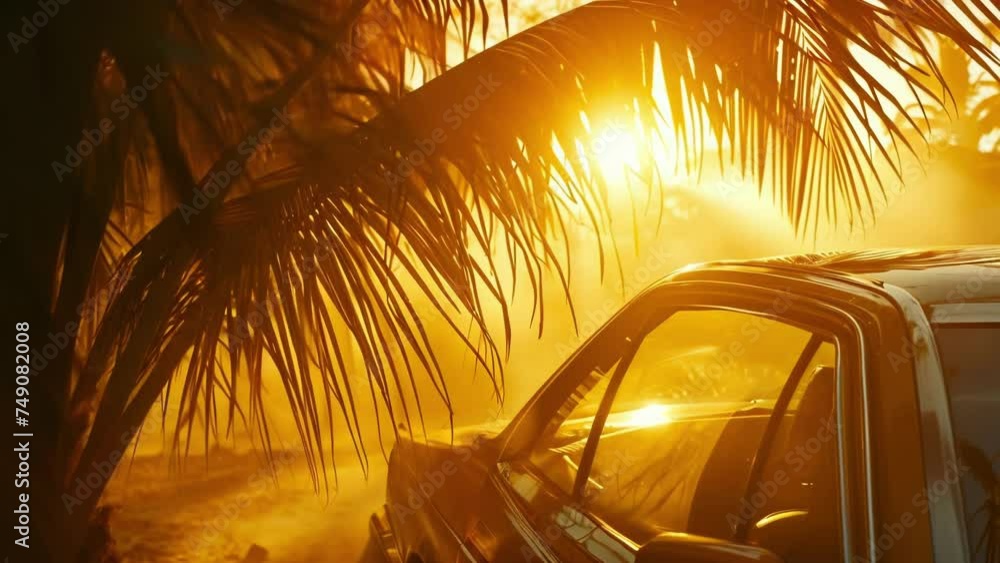 Poster the suns rays peek through a of palm leaves casting a shimmering light and creating an ethereal mira