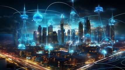 Smart city and wireless communication network concept, Generative AI illustrations.