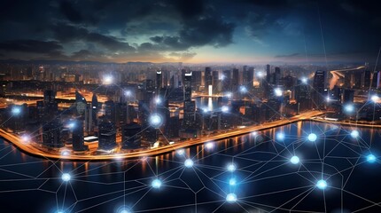 Modern city at night with network connection concept