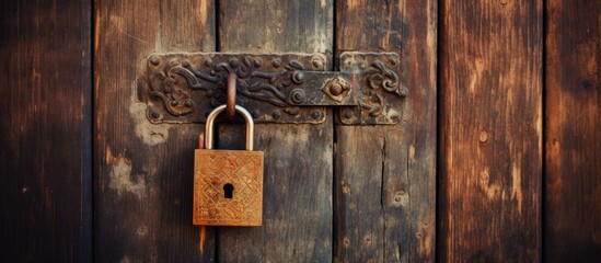 An antique padlock securely fastened to a weathered wooden door, providing security and protection....