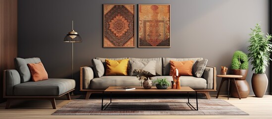 A contemporary living room with two couches, one dark and one light, arranged around a sleek coffee table. The room features a patterned carpet, colorful cushions, and a poster mockup on the wall.