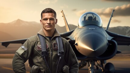 Portrait of a pilot next to a fighter plane